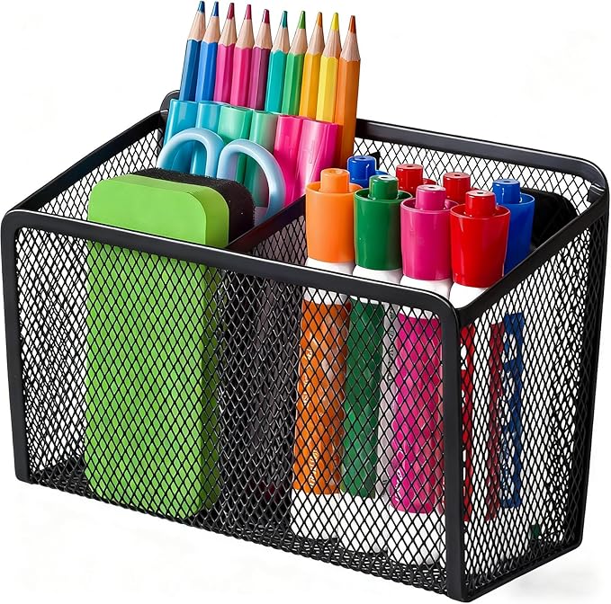BEYGORM Magnetic Dry Erase Marker Holder for Whiteboard, Mesh Pen & Pencil Holder for Refrigerator, Strong Magnetic Basket for School Locker, Office & Classroom Organizer (Black, 1-Pack)