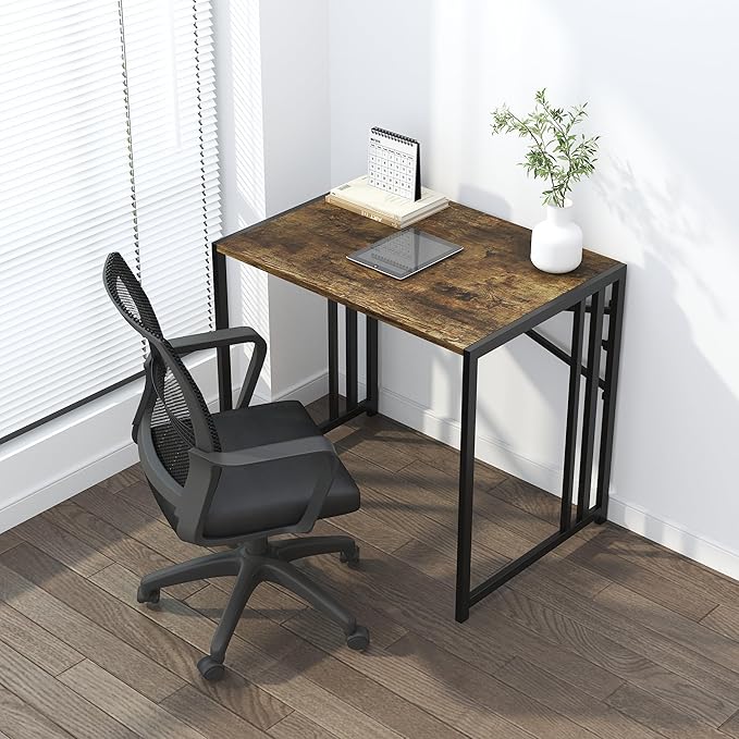 Lutown-Teen 32 inch Small Folding Computer Desk, Writing Gaming Computer Desk for Small Spaces, No Assembly Required Home Office Desk, Rustic Brown