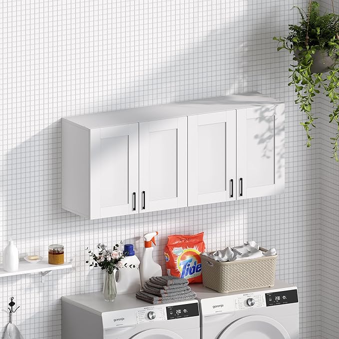 White Laundry Room Cabinets and Storage with 4 Doors and Utility Adjustable Shelf，Gabinetes Para Cocina Cupboard Kitchen Organizers and Storage Pantry Wall Mounted 12.4"D x 47.2"W x 19.7"H