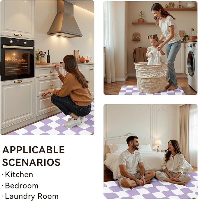 Modern Purple Retro Curvy Checkered Grid Checkerboard Kitchen Rug Sets [2 PCs], Anti-Fatigue, Waterproof Non-Slip Kitchen Mats Heavy Duty Comfort Foam Rug for Floor, Home, Laundry,17"x29"+17"x47"
