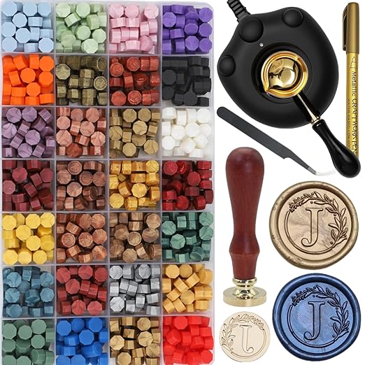 732 Pcs Sealing Wax Stamp Kit with Electric Wax Seal Warmer, Initial Alphabet J Seal Stamp, Waxseal Beads, Spoon, Letter Sealingwax Stamp Kit (J)