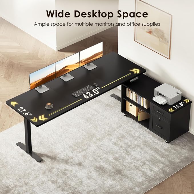 OffiGo 63 Inch L Shaped Electric Standing Desk with File Cabinet, Black | Mobile Drawers & File Cabinet for Flexible Layout, Height Adjustable Executive Stand Up Desk for Home Office Workstation