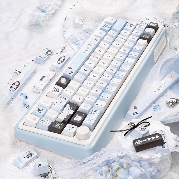 Cherry Profile PBT Keycaps - Cute Cat Keycaps, 145 Keys Blue White, Kawaii Anime Custom Keycap Set for US UK Layout Mechanical Keyboards with Key Puller（Pixel Art Style）