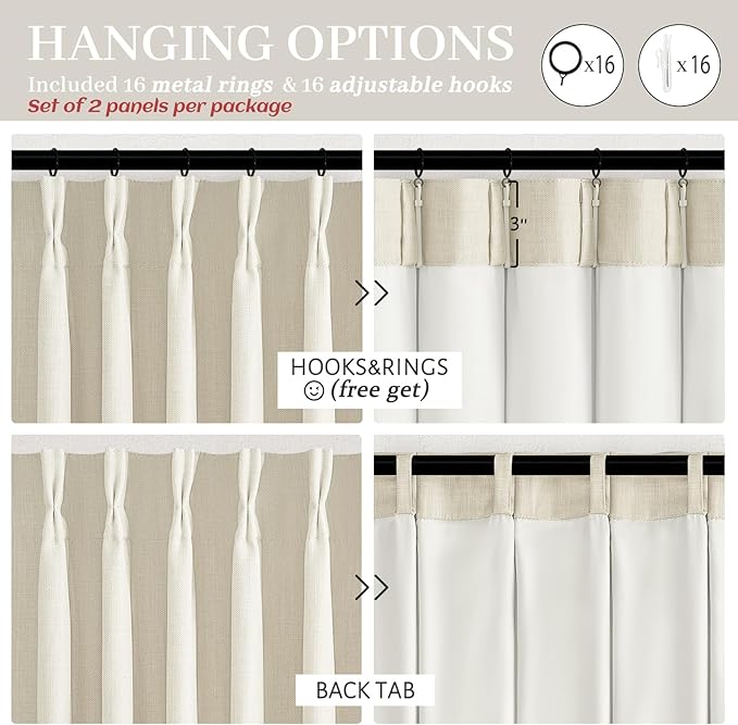PleatedDrapes 132 Inch Extra Long Cream High Ceiling Curtains for Living Room 2 Panels Set, Memory Shape Pinch Pleat Blackout Thermal Dual Layer Linen Noise Cancelling Privacy Decorative Window Drapes