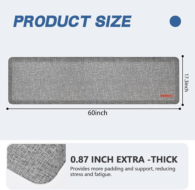 Anti Slip 7/8 inchs Anti Fatigue Kitchen Floor Mat, Ergonomic Comfort Standing Mat, Waterproof Kitchen Runner for Home, Kitchen, Office, Laundry, Garage (Light Gray, 17.3" x 60" -0.87")