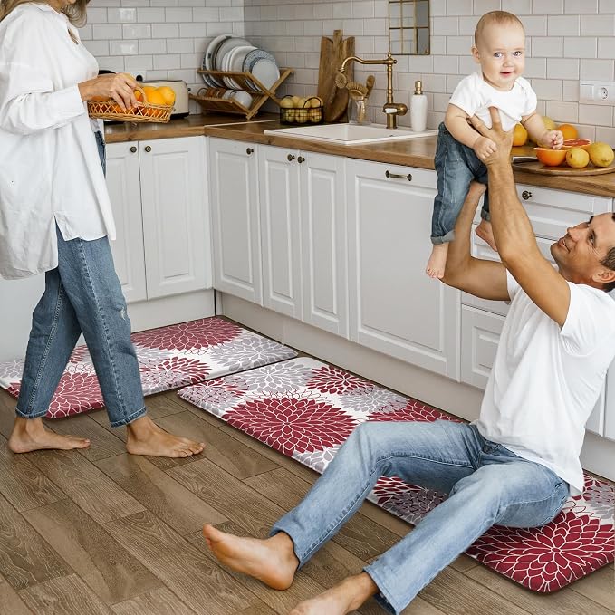 KIMODE Anti Fatigue Kitchen Mats for Floor 2PCS Cushioned Standing Mats | 17"x47"+17"x29",Dahlia Floral,Red, Farmhouse Floor Mats set of 2,Non Slip,Waterproof,Comfort Mat for Sink Office Laundry home