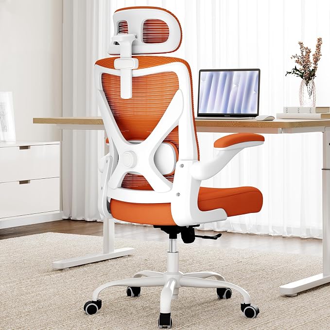 Ergonomic Office Chair: Mesh Desk Chair Comfy with Headrest& Lumbar Support | Ergalithic Big and Tall Office Chairs with Wheels & Flip-Up Arms-Computer Gaming Chairs for Adults Home Office(Orange)