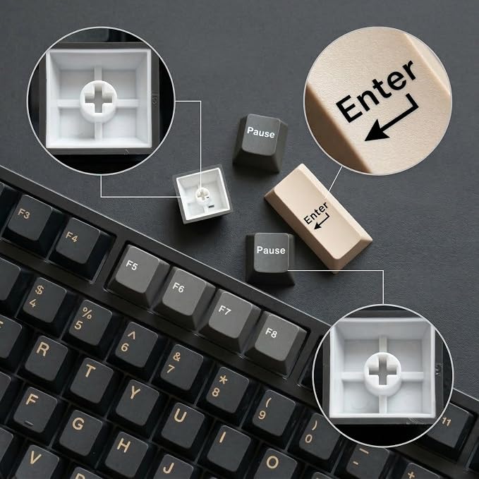 126 Keys PBT Double Shot Keycaps, Beige Black Retro Keycap Set, Cherry Profile Minimalist Grey Style, for Mechanical Keyboard 60% 65% 75% 100% Cherry MX Switches