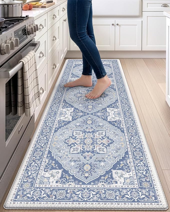 DEXI Kitchen Floor Mats Anti Fatigue, 23x86 Large Cushioned Vintage Runner Rug Waterproof, Standing Comfort Memory Foam Padded for Front Sink Laundry Office, Grey Blue