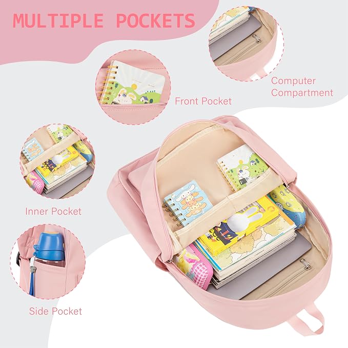 Bluboon Teen Girls School Backpack Kids Bookbag Set with Lunch Box Pencil Case Travel Laptop Backpack Casual Daypacks (Pink Set -3)