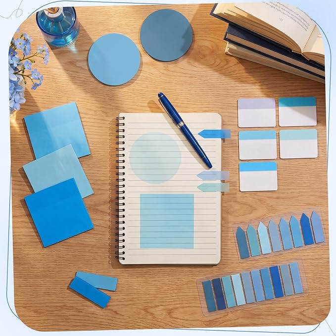 Glenmal Transparent Sticky Note Set 910 Sheets Translucent Clear Self-Adhesive Sticky Notes Bulk Gradient Color Waterproof for Bible Tabs Book Tabs Office Study Supplies Book Annotation (Blue)