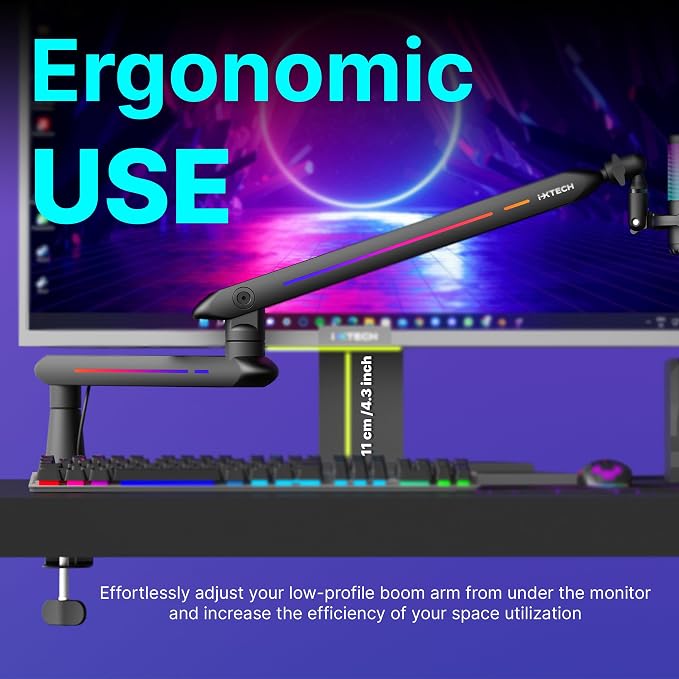 IXTECH RGB Low Profile Boom Arm for Mic, Adjustable Microphone Arm Stand with Desk Mount Clamp, Rotatable Microphone Boom Arm Mic Stand with Cable Management for Podcast Streaming Gaming Studio.