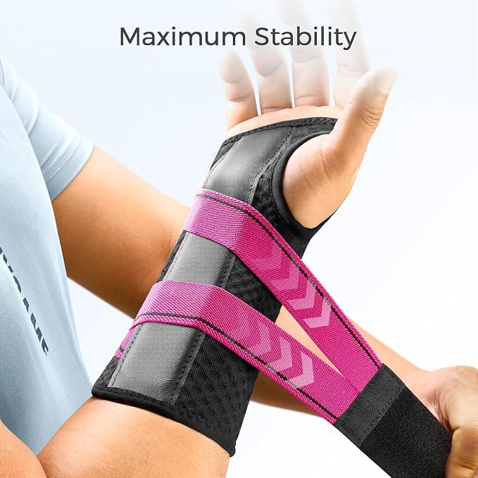 FREETOO Carpal Tunnel Wrist Brace Night Support Fit Right Hand for Work, Pain Relief Wrist Splint for Tendonitis, Sprain, Strain, Rigid Hand Brace for Arthritis for Women Men (XS, Black/Pink)