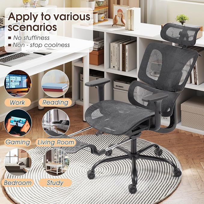 Black Ergonomic High Back Mesh Office Chair with Footrest | Adjustable Lumbar Support, 3D Armrests, Headrest, 135° Reclining, Swivel, Home Office
