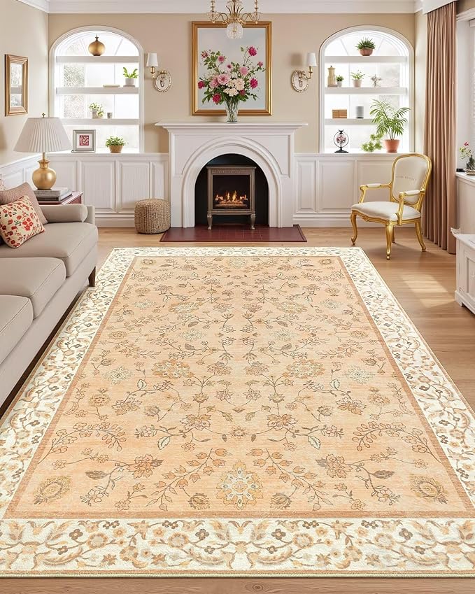 6x9 Area Rugs for Living Room, Boho Washable Bedroom Rug, Vintage Floral Non Slip Rugs, Soft Low Pile Carpet for Kitchen Dining Room Office Farmhouse, BCinnamon Orange