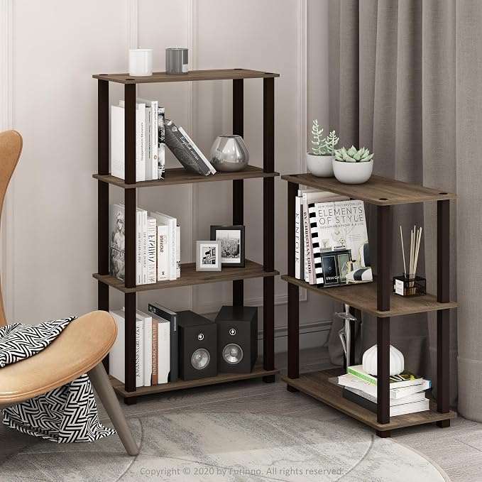 Furinno TURN-S-TUBE Storage Shelves, 3-Tier Book Shelf, Corner Shelf, Toolless Open Shelves, for Organization and Storage, Living Room, Garage, Home Office, Walnut