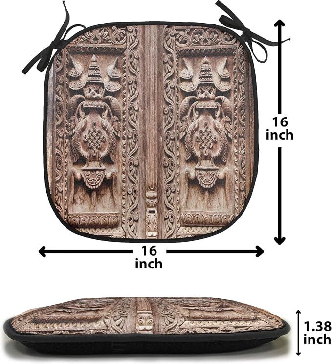 Lunarable Rustic Chair Cushion Pads Set 12, Wooden Carved Door Image Detailed Kathmandu Cultural Facade Print, Anti-Slip Seat Padding for Kitchen & Patio, 16"x16", Brown