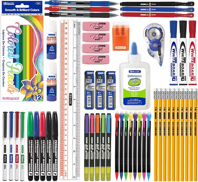 BAZIC PRODUCTS Back to School Supplies Kit, 66 Pieces, for Students Teachers Donations