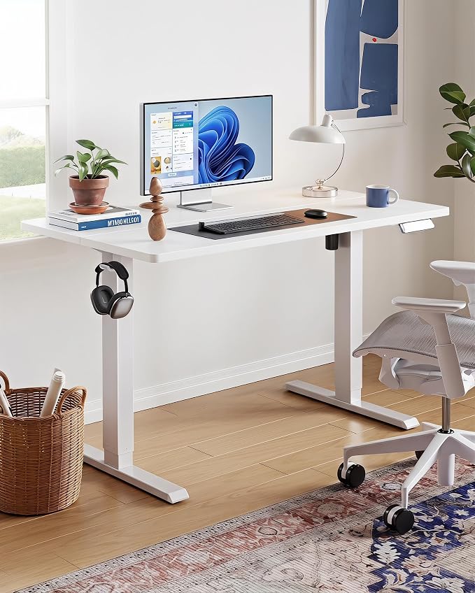 HUANUO 55 x 28 Inch Electric Standing Desk, Height Adjustable Computer Gaming Desk with 4 Memory Presets, Home Office Sit Stand Desk with Hooks & Cable Management, White
