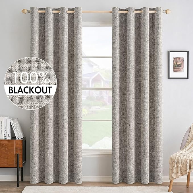 MIULEE 100% Blackout Linen Textured Curtains for Bedroom Solid Thermal Insulated Warm Taupe Grommet Room Darkening Curtains & Drapes Luxury Decor for Living Room 52 x 90 Inch (2 Panels)