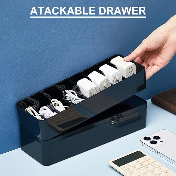 Tatuo 1 Pcs Cord Organizer for Drawer Desktop, Cable Organizer Box with 8 Compartments and Wire Ties, Plastic Charger Storage with Lid, Electronics Case for Home Office Accessories (Small,Black)