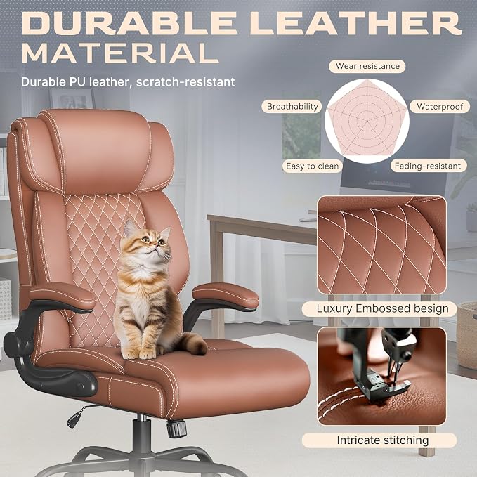 Office Chair-Executive High Back Breathable Comfy Desk Chair with Flip-up Armrests Lumbar Support-Ergonomic Leather Rolling Swivel Chair with Rock Function for Working,2 Pack