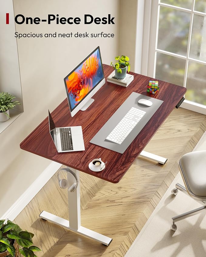 SANODESK One-Piece Electric Standing Desk, Seamless 48 x 30'' Ergonomic Height Adjustable Sit Stand Desk with Memory Presets for Home Office Computer Workstation, White Frame/Mahogany Top