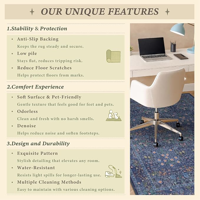 Dark Blue Office Chair Mat for Hardwood Floors, Tile Floor Protector for Heavy Duty Office Chairs, Under Desk Carpet with Anti-Slip & Stain Resistant, Ultra Soft Low Pile Washable Area Rug, 4x5