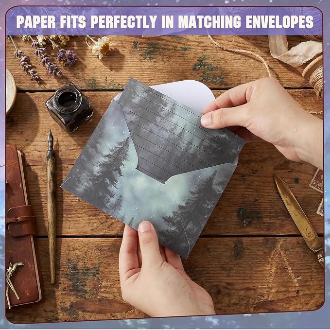 TaoBary 160 Pcs Stationery Paper Set 50 Double Sided Stationery Paper with 50 Matching Envelope and 60 Round Dot Sticker, 10 Design (Whimsical Watercolor Illustration Starry Night Sky,8.25 x 5.5 Inch)