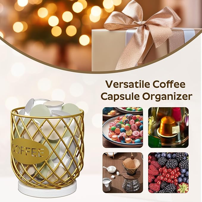 Coffee Pod Holder Organizer, Holder for K Cup, Large Capacity Coffee Pod Basket, Versatile Coffee Capsule Storage Organizer, for Kitchen Countertop, Gold and White KH09DW