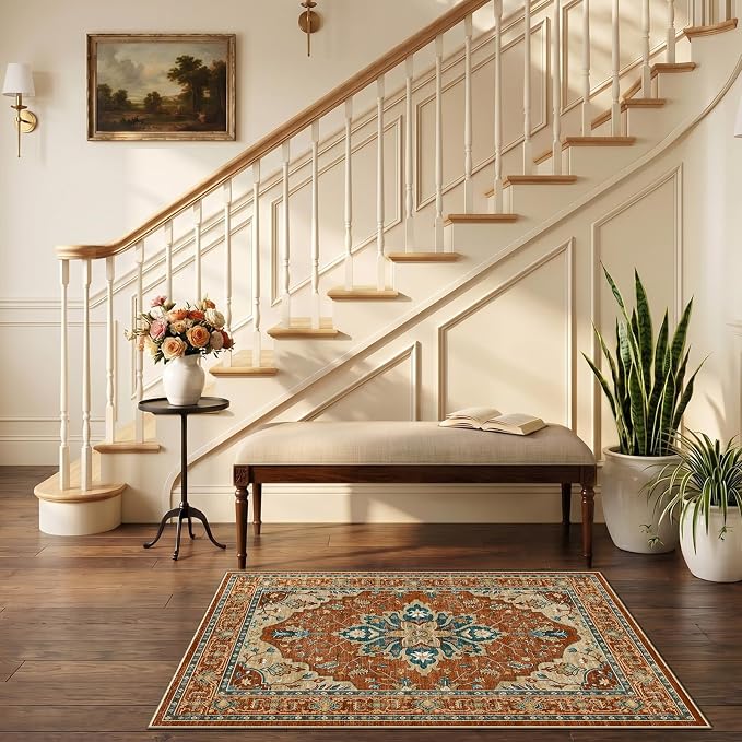 RELEANY Area Rugs Small 2'6"x4' Washable Non-Slip, Floral Vintage Distress Medallion Carpet for Kitchen Entryway Bathroom, Red Orange Blue Brown