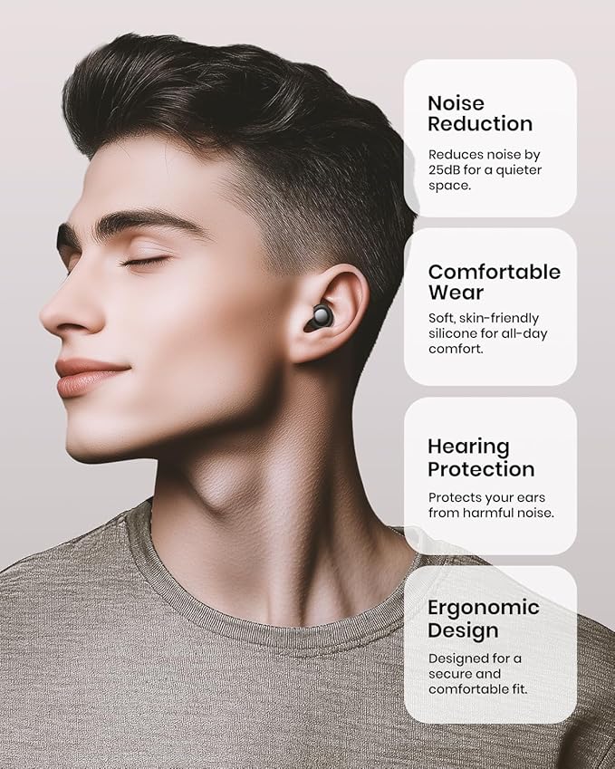 Ear Plugs for Sleeping Noise Cancelling, Reusable Silicone Ear Plugs for Noise Reduction with 8 Ear Tips, Earplugs for Sleep, Concerts, Travel, Snoring (Black + Black, One Size)