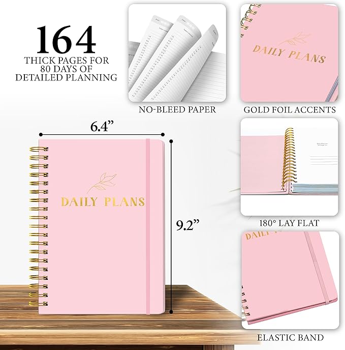 Undated Daily Planner with Hourly Schedule – Minimalist Notebook for Work, Home & Daily Writing | Simple Matte Notes for Goals, Appointments & Productivity, Elegant Cardstock Pages, Pink