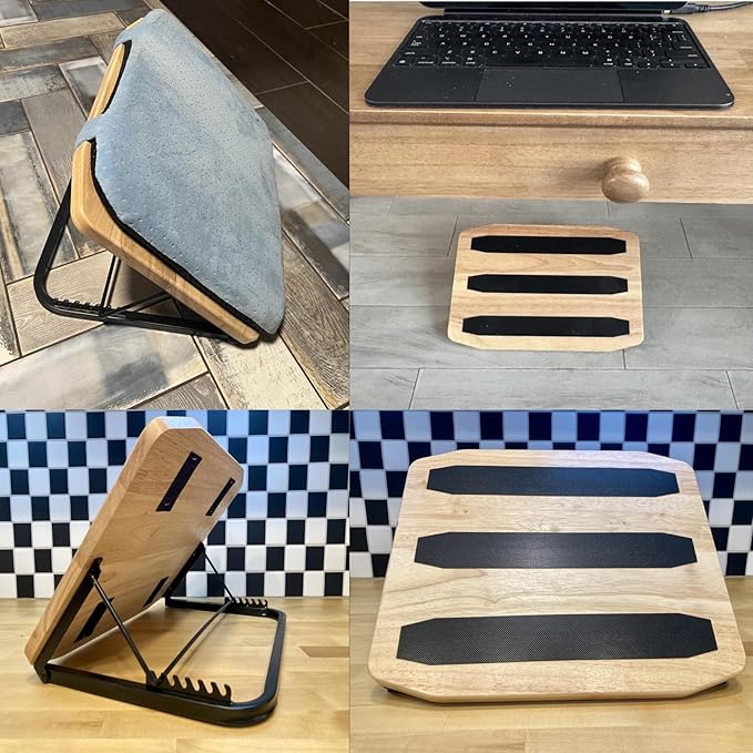 Under Desk Foot Stool Wood-Adjustable Ergonomic Foot Rest- 7 Adjustable Angles Wood Desk Footrest, Under Desk Foot Rest for Office Leg Rest - Natural-with Blue Cushions