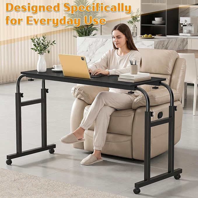 Over the Bed Table with Wheels, Height Adjustable Rolling Desk, Heavy Duty Steel Frame Laptop Workstation for Bedroom, Living Room, Hospital Use, Adults and Kids