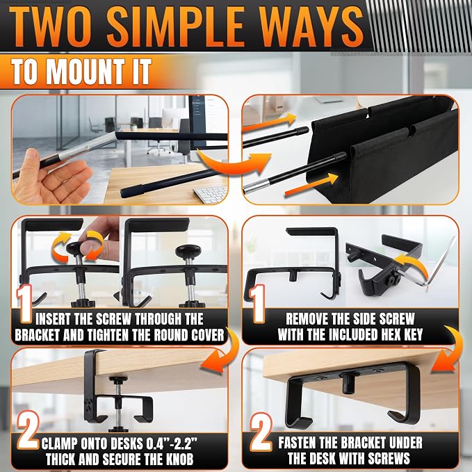 Under Desk Cable Management Tray 28" — No Drill Clamp-On Cord Organizer for Desk with Built-in Ties, Heavy Duty Metal Clamp, Foldable 600D Oxford Fabric for Home Office, WFH & Gaming PC Setup (Black)