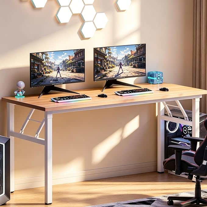 sogesfurniture Foldable Computer Desk 62 inches, Modern Large Folding Sturdy Laptop Workstation for Home Office, No Assembly Portable Study Table Writing Gaming Desk for Small Spaces, Teak White