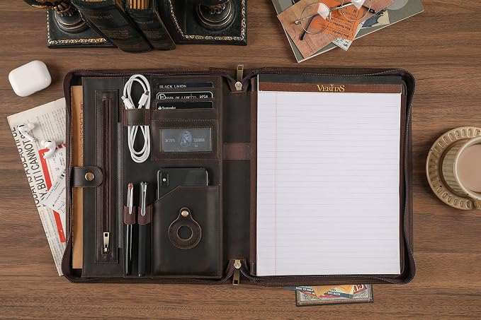 Leather Portfolio for 13-in iPad Pro M4/M5 & 13-in iPad Air M2/M3, Leather Padtfolio with ipad Holder for Letter Size Notepad, Personalized Padfolio for Men - Dark Khaki