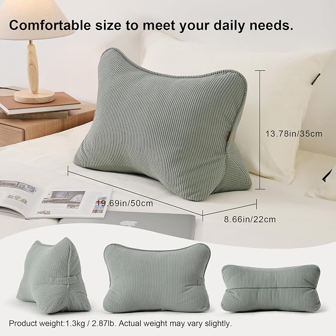 Pat. Pend. Corduroy Lumbar Support Back Pillow for Sitting Up & Reading, Ergonomic Triangle Back Support Cushion for Sofa, Armchair & Bed, Removable Washable Cover, Grey Green