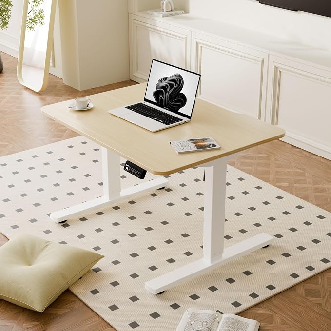 ERGOMAKER Low Height Adjustable Desk with Lockable Wheels, Lifts 18.9"-29.5", 31.5" x 23.6" Electric Small Standing Desk with Splice Board for Home Office & Short People(White Frame, Gold Oak Desktop)