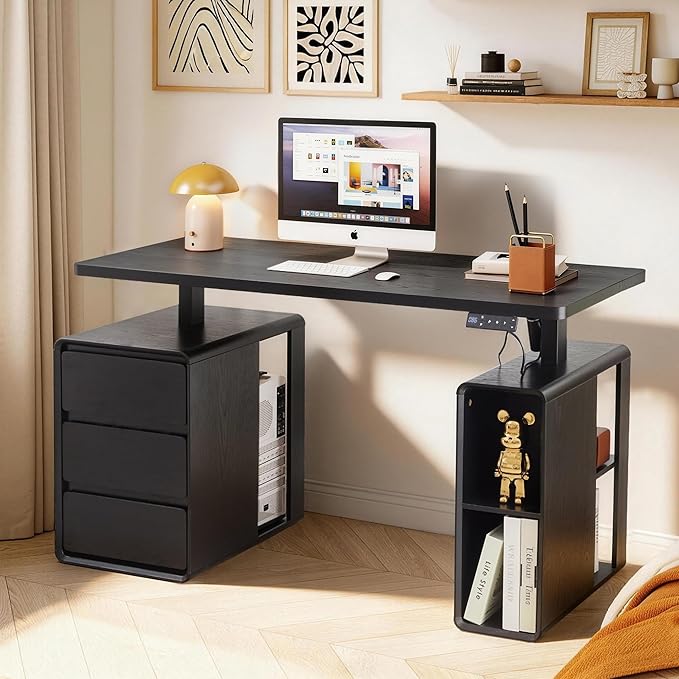 Electric Standing Desk with Drawers, 55" Office Desk Height Adjustable Executive Desk with Storage Shelves, Simple Setup Wood Desk Home Office Stand up Desk for Work, Study, Writing, Black