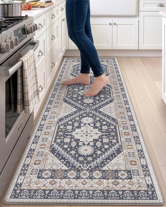 DEXI Kitchen Floor Mats Anti Fatigue, 23x86 Large Cushioned Vintage Runner Rug Waterproof, Standing Comfort Memory Foam Padded for Front Sink Laundry Office, White Grey