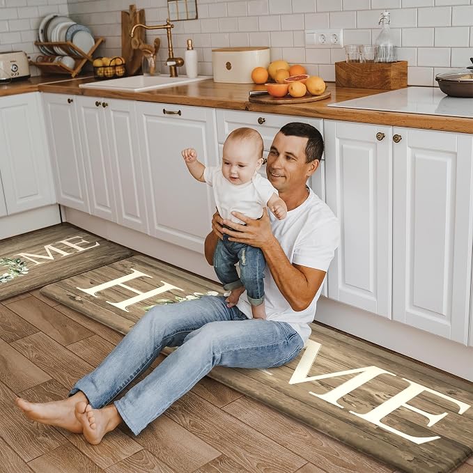 KIMODE Kitchen Mats Cushioned Anti Fatigue, Farmhouse Kitchen Rugs, Kitchen mats for Floor 2 piece, Comfort Padded Kitchen Floor Mats for Sink, Laundry, Office, Desk Khaki 17"x59"+17"x29"