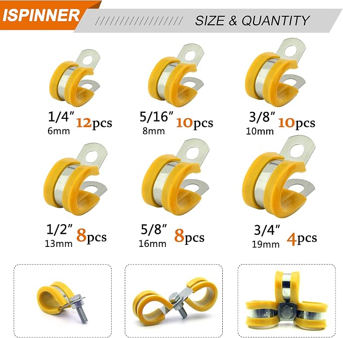 ISPINNER 52pcs Cable Clamps Assortment Kit, 304 Stainless Steel Rubber Cushion Pipe Clamps in 6 Sizes 1/4" 5/16" 3/8" 1/2" 5/8" 3/4" (Yellow)
