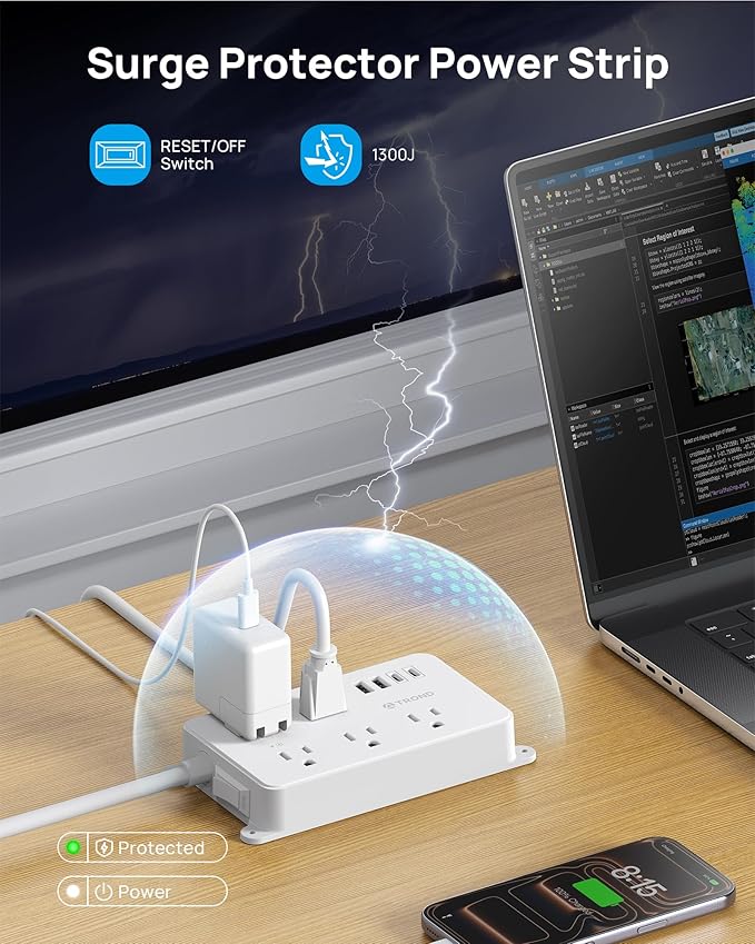 TROND 360° Rotating Plug Power Strip, 10ft Extension Cord, ETL Listed, 5 Widely-Spaced Outlets with 4 USB Ports, 1300J Surge Protection, Wall Mountable, Under Desk, for Home Office, White