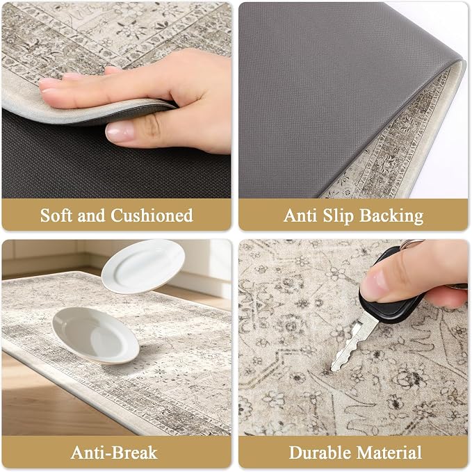 Pauwer Anti Fatigue Kitchen Floor Mats Set of 3, Cushioned Rugs, Khaki | Non Slip Comfort Standing Mat, PVC Foam Padded Kitchen Rugs, Waterproof Sink Rug for Small Kitchen Area, Laundry Room