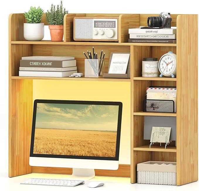 Tangkula Desktop Bookshelf with LED Lights, Desk Hutch with 8 Shelves for Max 25" Monitor, Desktop 5-Tier Display Rack, Wood Desktop Storage Hutch Organizer for Dorm Office Home, Burlywood