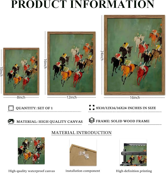 Framed Vintage Abstract Wall Art, Retro Horse Racing Scene Poster Prints, Modern Classic Equestrian Canvas Artwork, Energetic Vibrant Sports Wall Decor for Living Room Office Game Room 12x16in