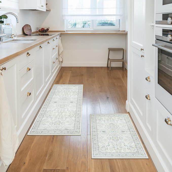 GRANNY SAYS Boho Kitchen Rug Sets of 2, Non Slip Washable Faux Wool Kitchen Mats for Floor, Thick Soft Anti-Fatigue Comfort Standing Mat Runner Rugs for Hallway Laundry Room, Green & White