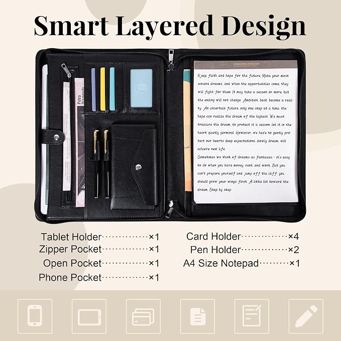 Calfinder Personalized Portfolio for Women&Men, Free Name Engrave,Customized Leather Padfolio, Business Portfolio with Zipper and Handle for Ipad, Document